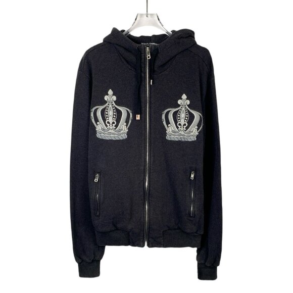DOLCE & GABBANA Mens Black Cotton Crown Embroidered Zip-Up Hoodie Jacket Size 46